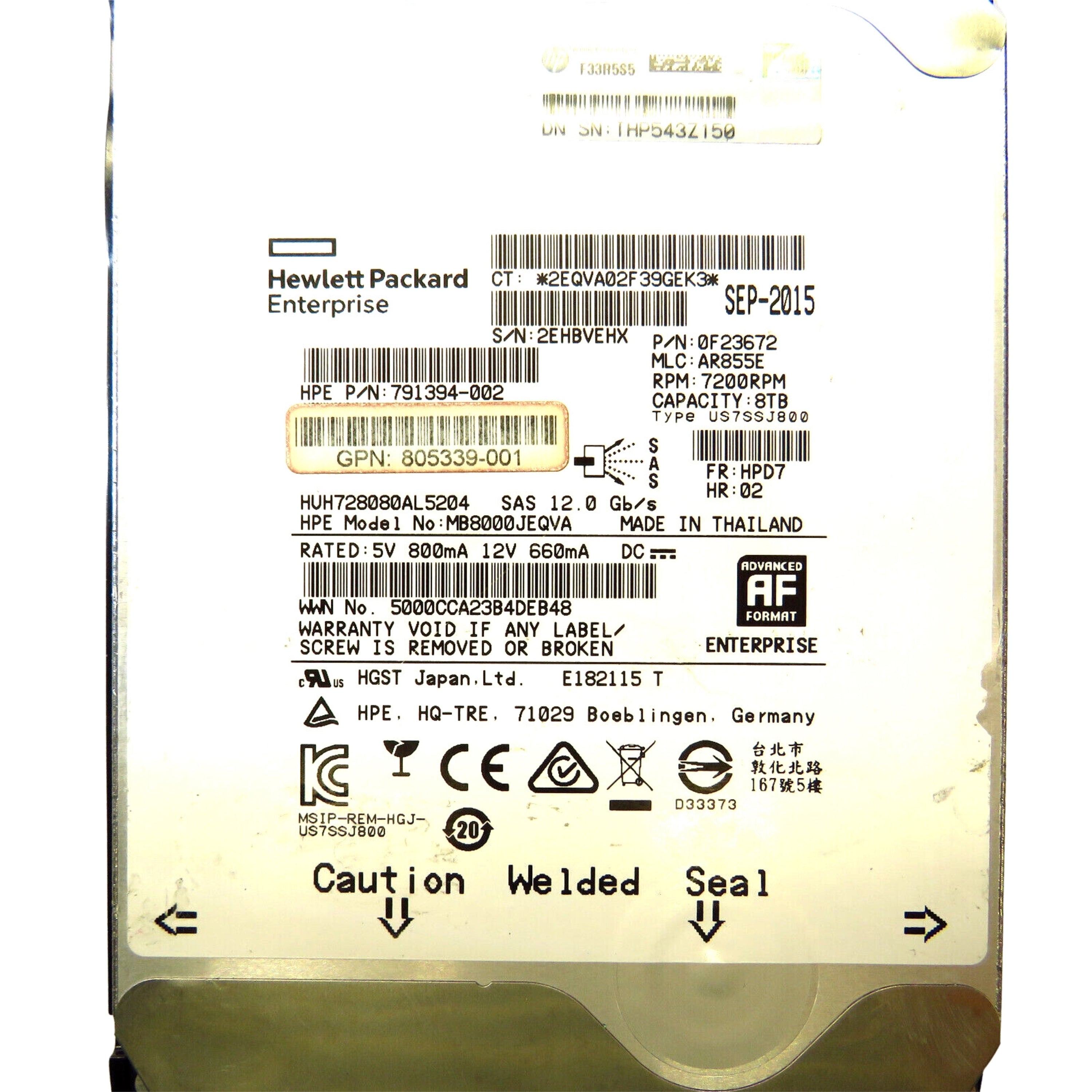 HP 805344-001 3.5" 8TB 7200RPM SAS 12Gb/s Hard Disk Drive (HDD), Silver (Refurbished)
