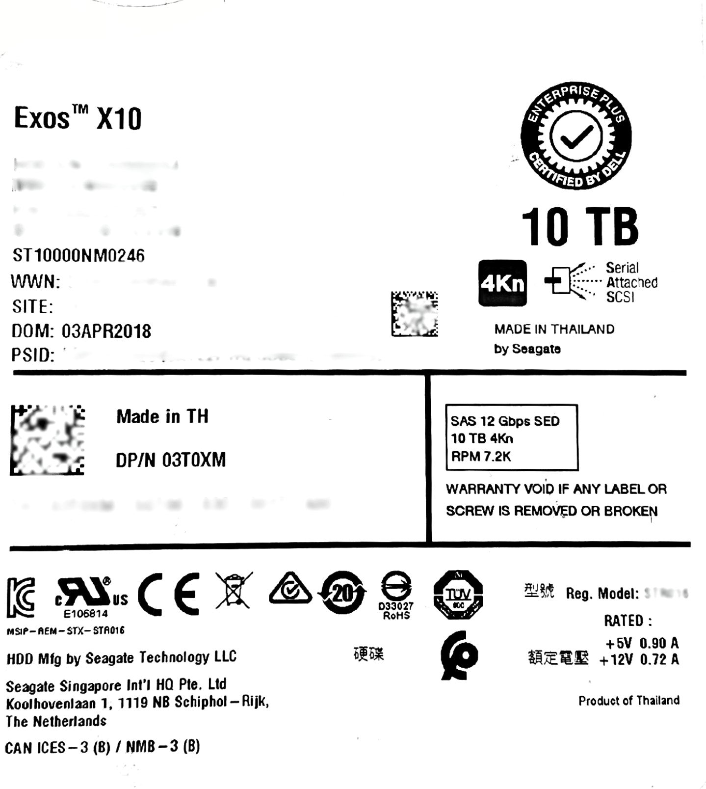 Dell 3T0XM-CML 10TB 7.2K SAS 3.5 12K 4K SED ST10000NM0246 / 2AA222-257