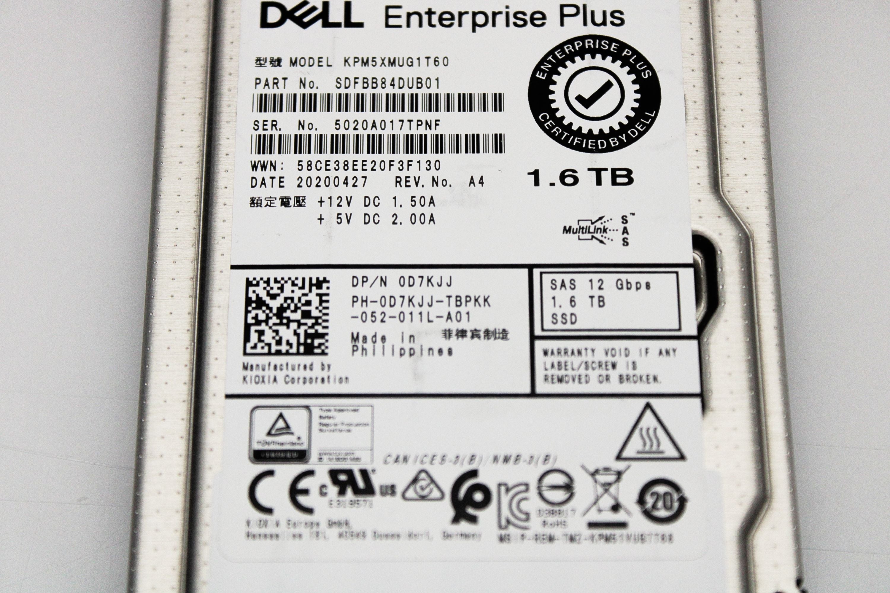 Dell D7KJJ-CML 1.6TB SSD SAS 2.5 12 WI KPM5XMUG1T60 / SDFBB84DUBB01