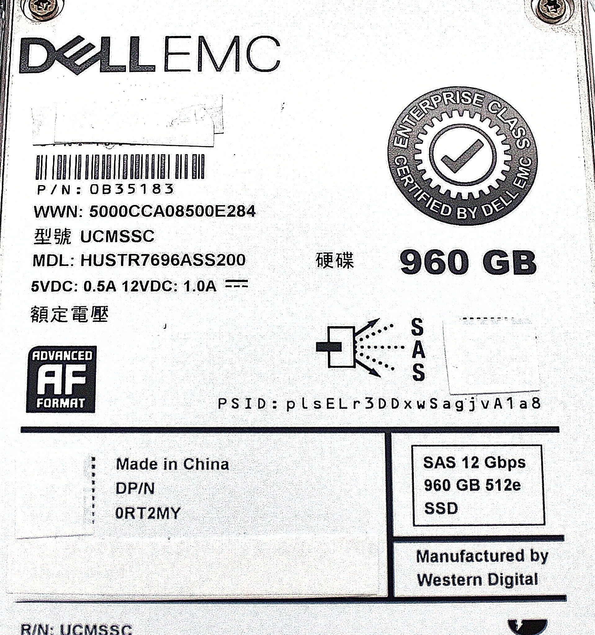 Dell RT2MY 60GB SSD SAS 2.5 12G RI HUSTR7696ASS200 / 0B35183 G14 TRAY