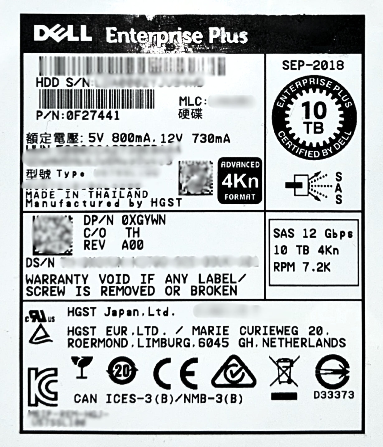 Dell XGYWN_NOB 10TB 7.2K SAS 3.5 12G 4K HUH721010AL4200 / 0F27441 EP+