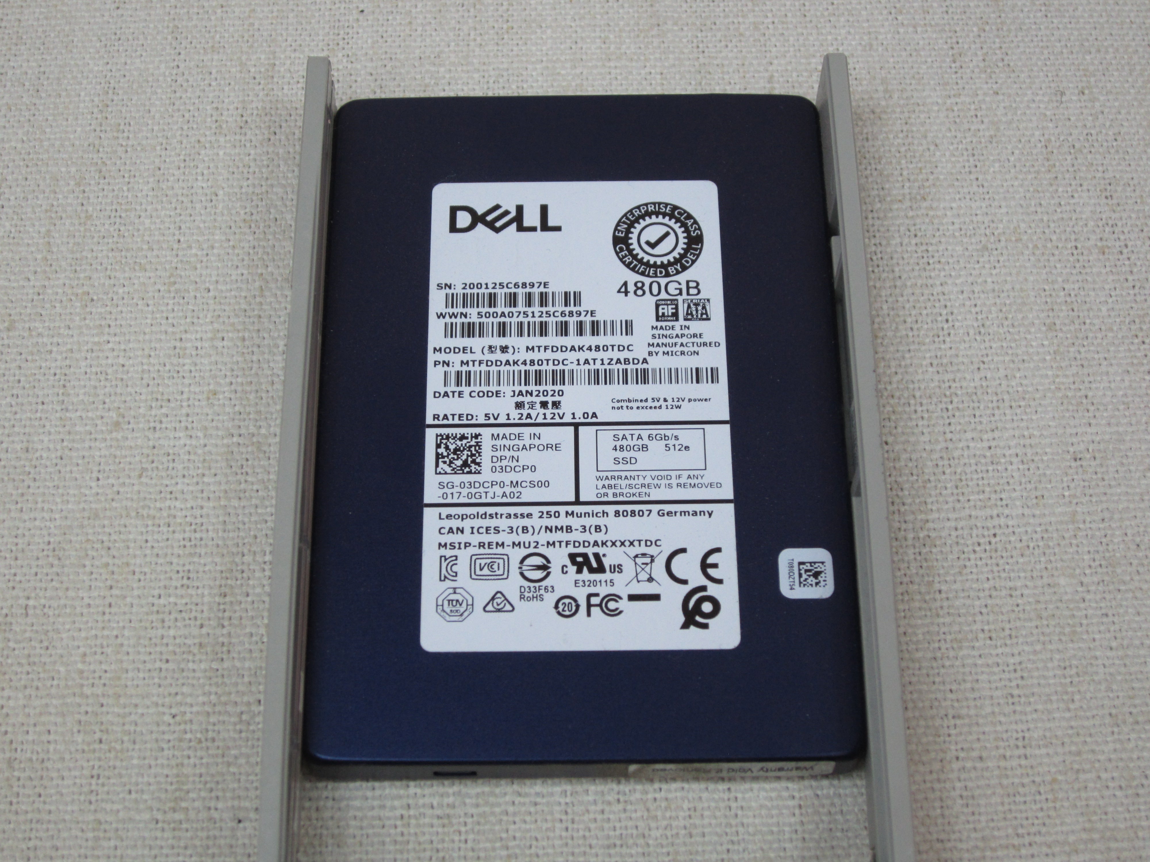 Dell 3DCP0 480GB 6Gb/s 2.5” SATA SSD Micron MTFDDAK480TDC