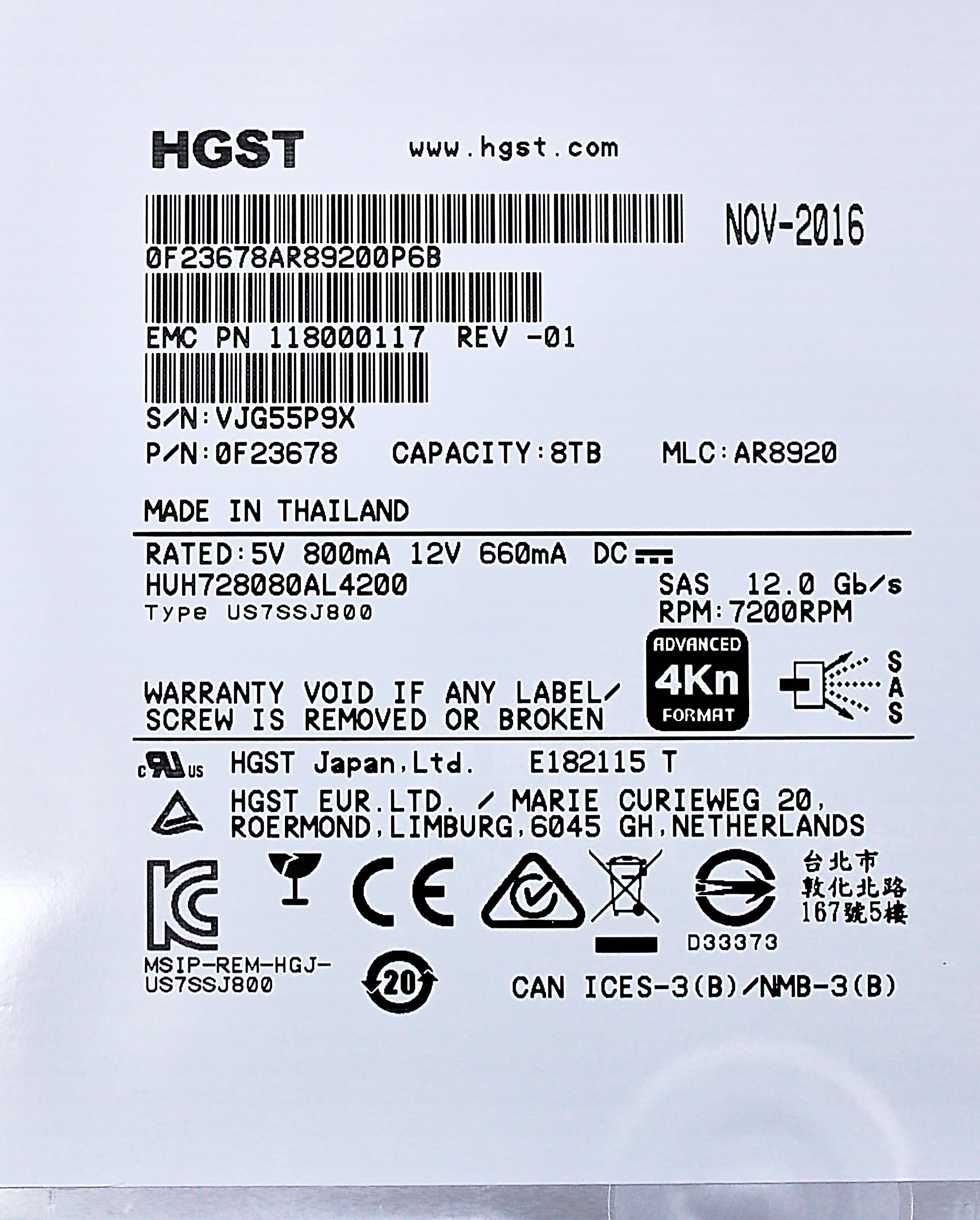 EMC 005052461 8TB 7.2K SAS 3.5 6G DS60