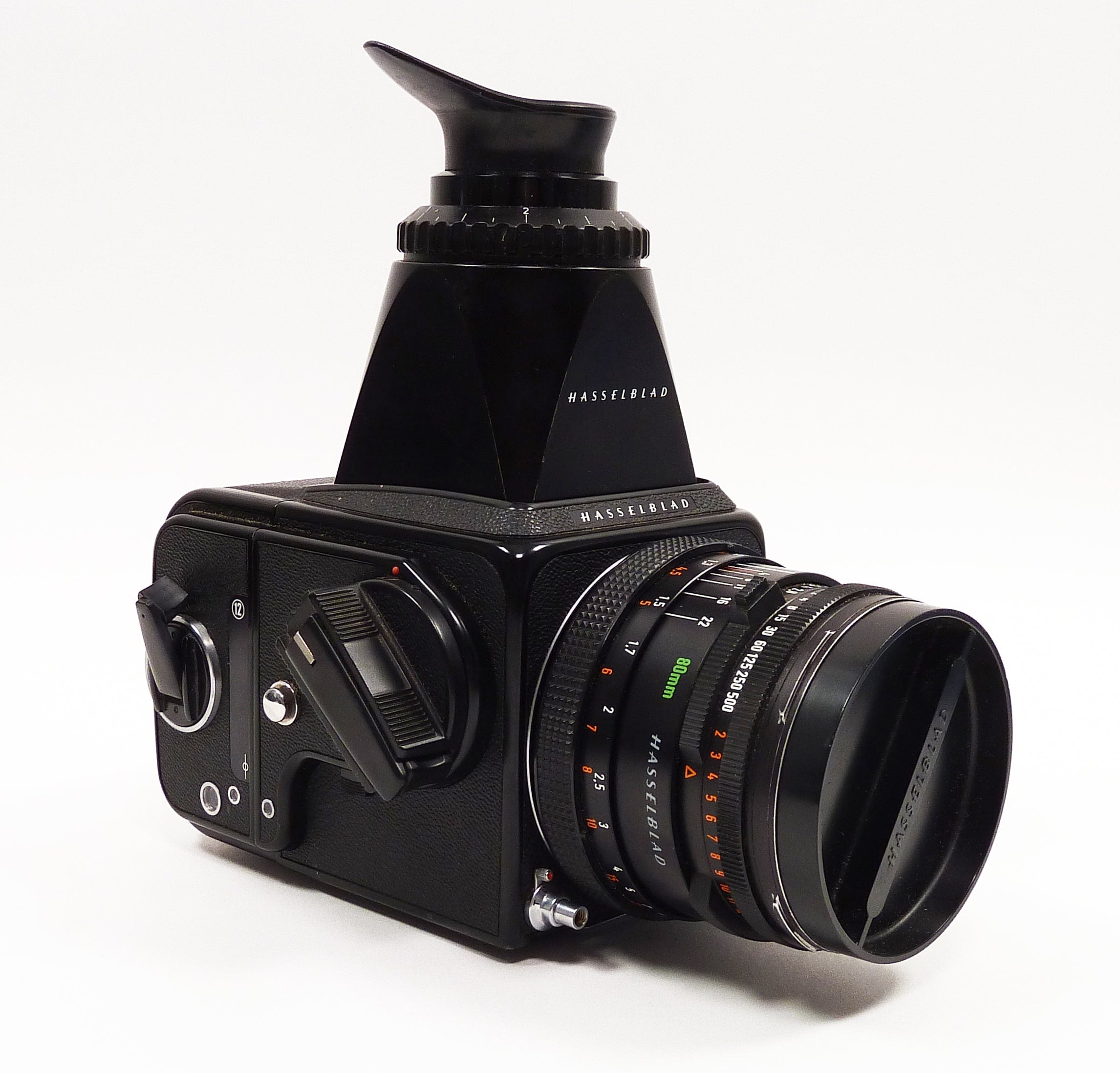Hasselblad 500C/M Black with Planar 80mm f2.8 CF Lens-A12 Back and Chimney Finder