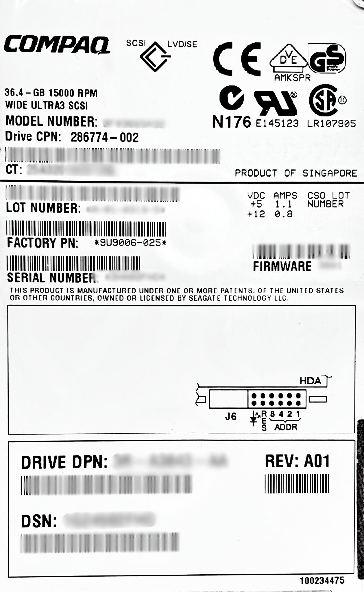 HP 286774-002 36.4GB 15K U3 SCSI