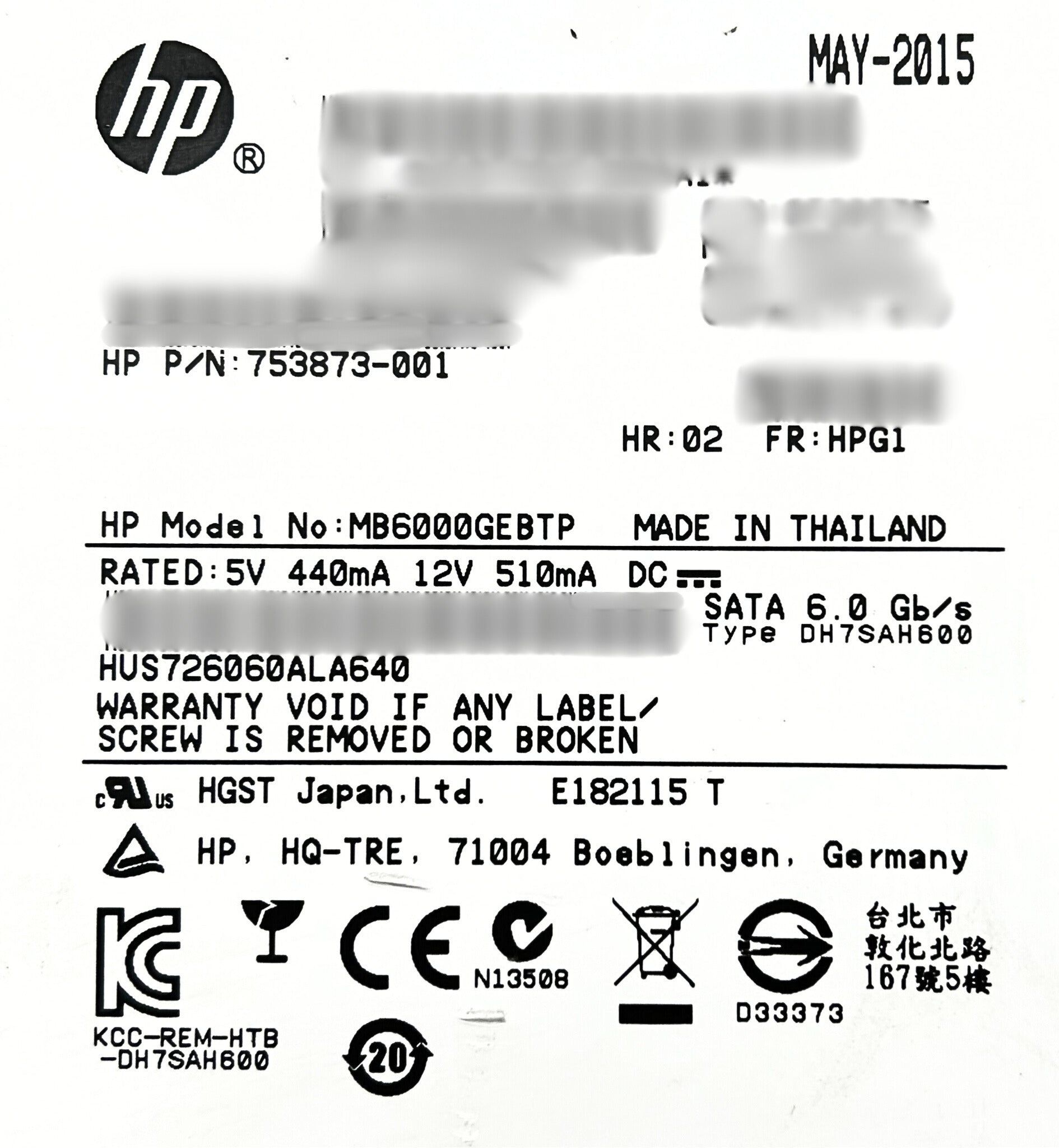 HP 753873-001 6TB 6G 7.2K LFF MDL SATA HDD (BARE DRIVE #)