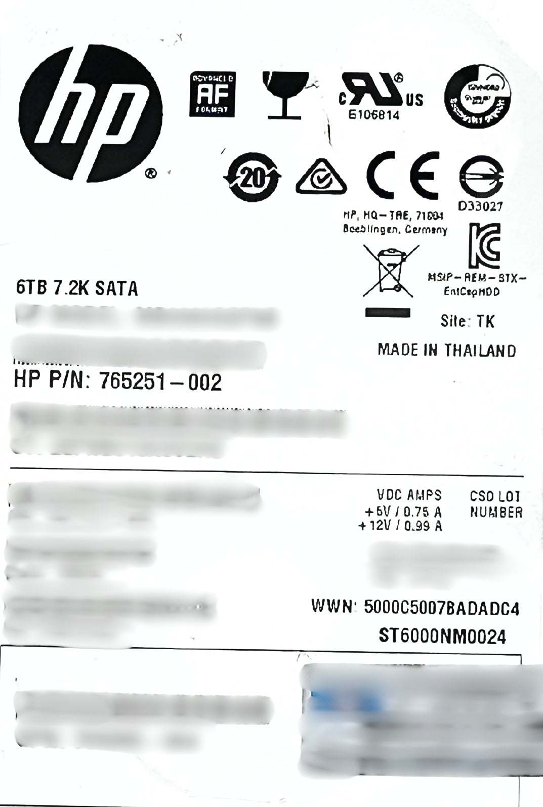 HP 765251-002 6TB SATA 6G 7.2K LFF LP 512E HDD Hard Disk Drive
