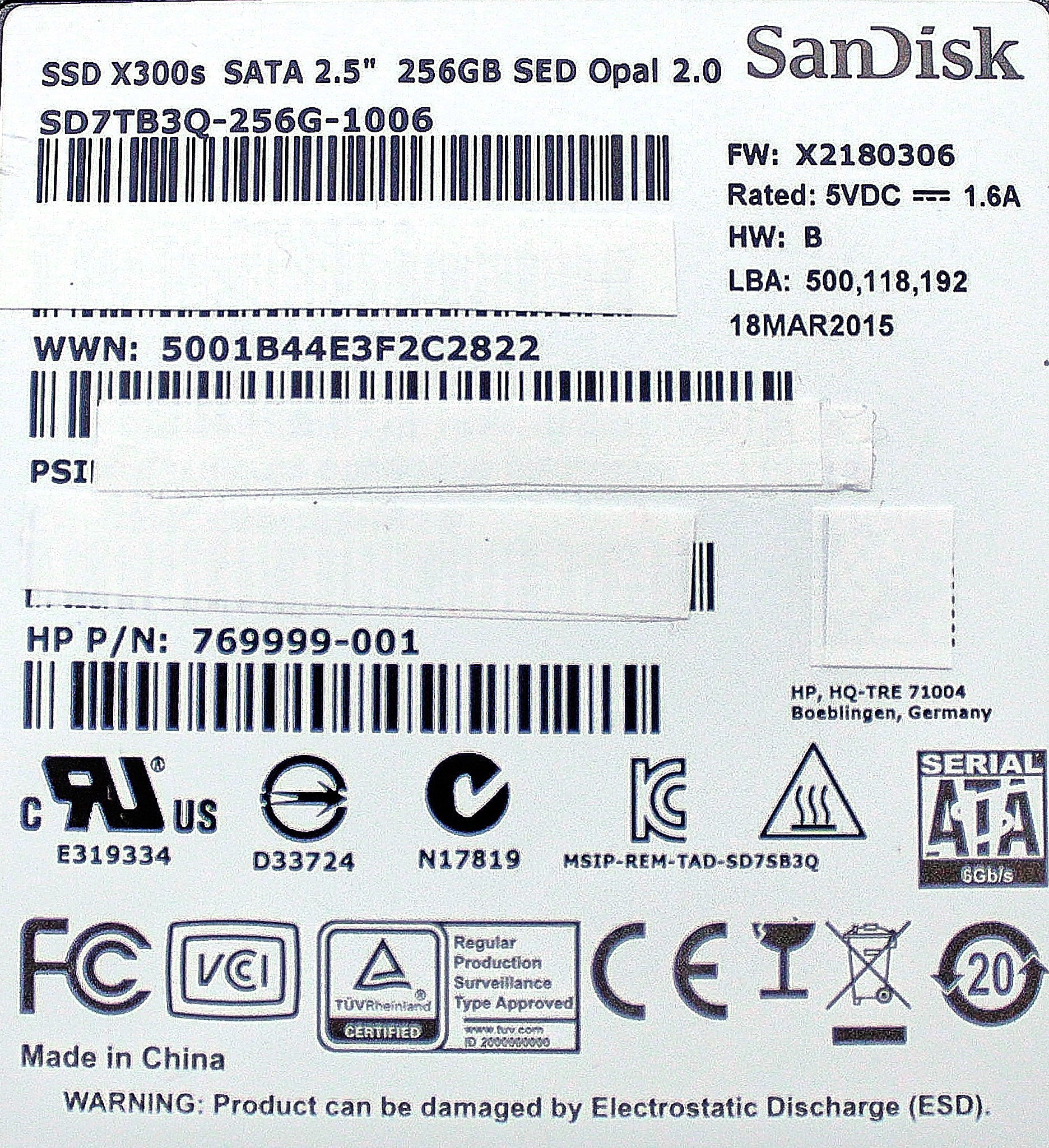 HP SD7TB3Q-256G-1006 256GB SSD SATA 2.5 SED X300 HP