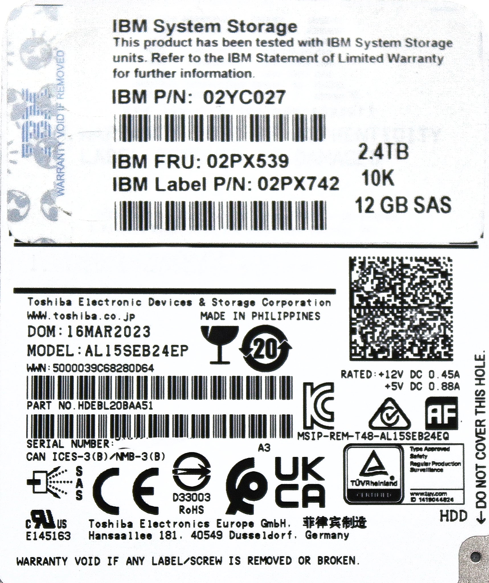 IBM 02PX539 2.4TB 10K 2.5" SAS HDD V5000