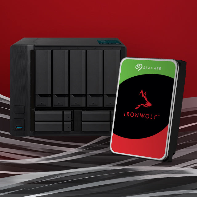 A multi-bay NAS system and the IronWolf hard drive next to it.