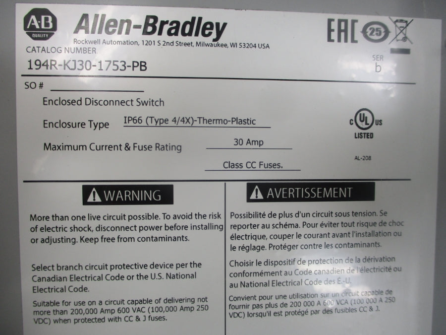 ALLEN BRADLEY 194R-KJ30-1753-PB SER. B 30A NSNP