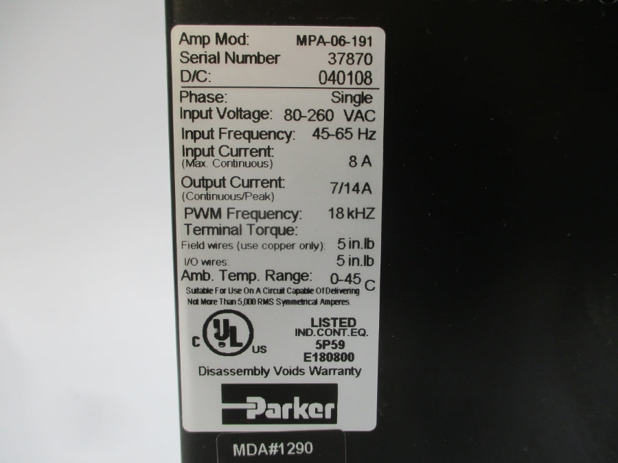 PARKER MPA-06-191 80-260VAC 8A UNMP