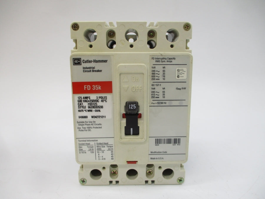 CUTLER HAMMER FD3125 6639C82G98 SER. C 600VAC 125A NSMP