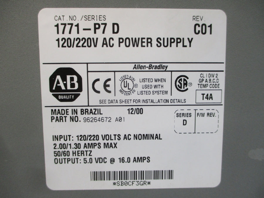 ALLEN BRADLEY 1771-P7 SER. D 120/220VAC 2.00/1.30A REV. C01 NSMP