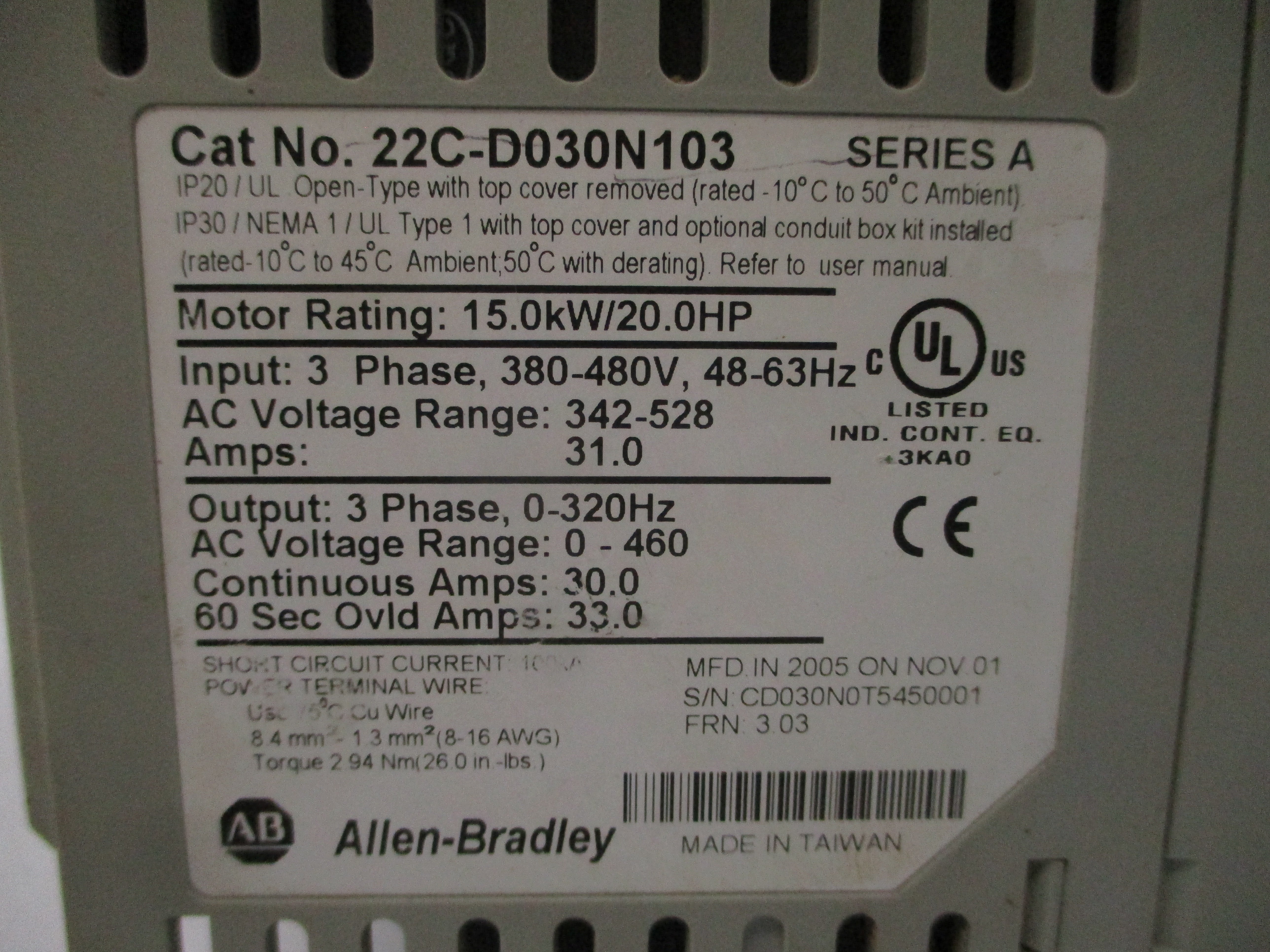 ALLEN BRADLEY 22C-D030N103 SER. A F/W 3.03 342-528VAC 31.0A (NO COVER) UNMP