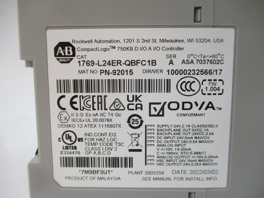 ALLEN BRADLEY 1769-L24ER-QBFC1B SER. A F/W 1.004 24V 2.1A NSMP