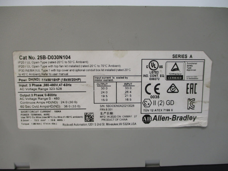 ALLEN BRADLEY 25B-D030N104 SER. A F/W 6.001 380-480VAC 24.0A (AS PICTURED) NSNP