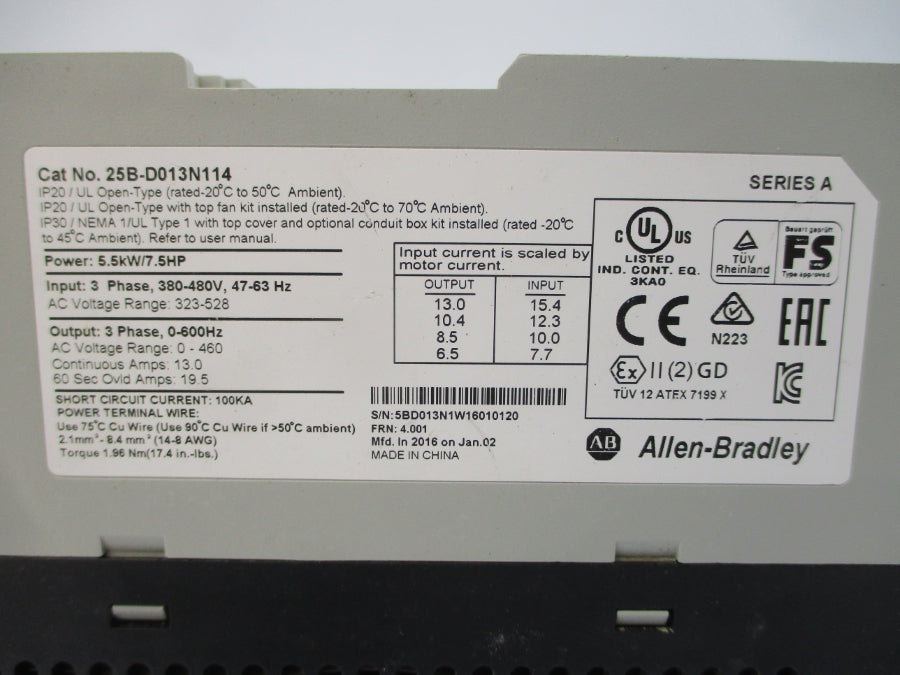 ALLEN BRADLEY 25B-D013N114 SER. A F/W 4.001 323-528VAC 15.4A UNMP