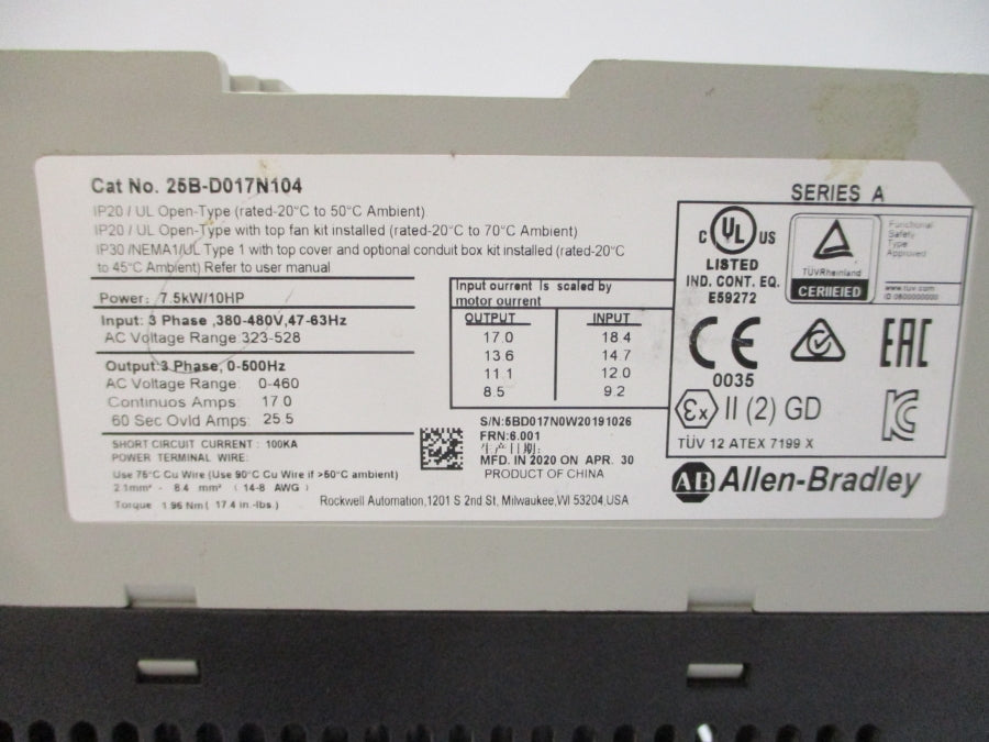 ALLEN BRADLEY 25B-D017N104 SER. A F/W 6.001 380-480VAC 17.0A (NO COVER) NSNP