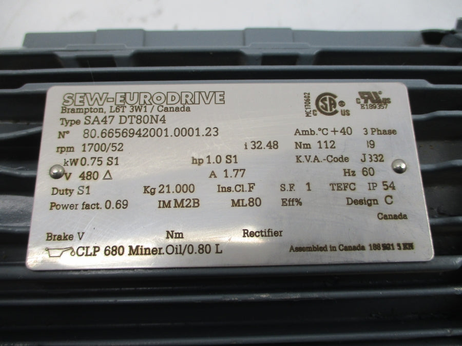 SEW-EURODRIVE SA47DT80N4 480V 1.77A NSNP