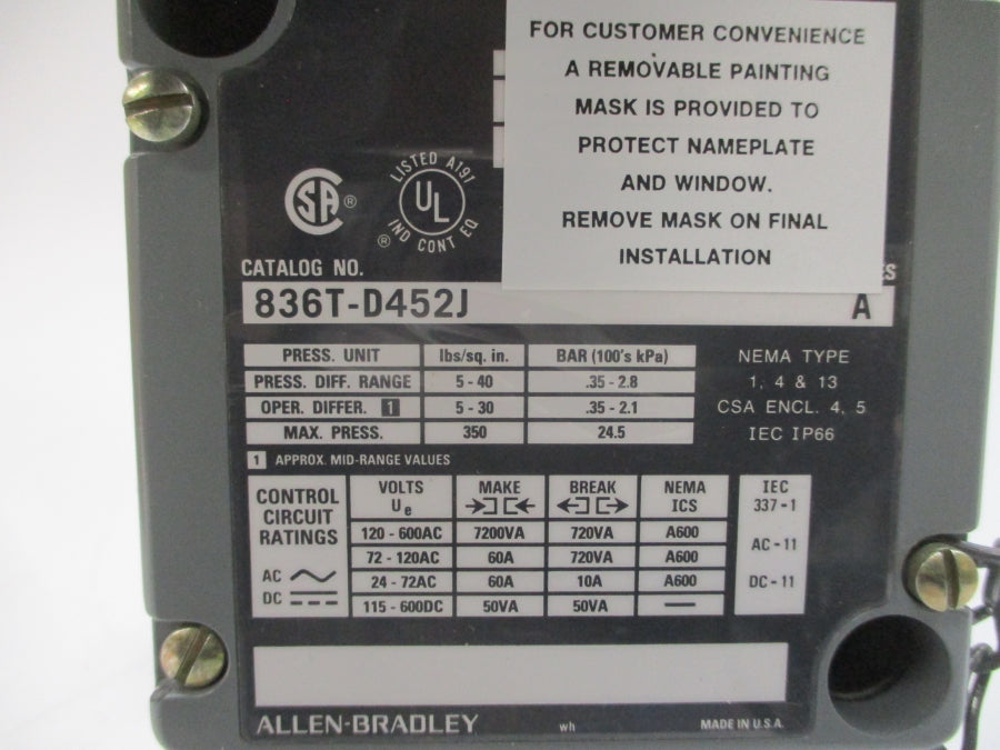 ALLEN BRADLEY 836T-D452J SER. A 120-600VAC 60A 5-30PSI (BR/YL) NSMP