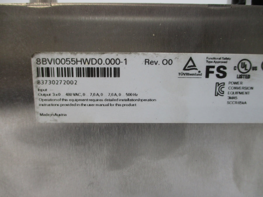 B&R AUTOMATION 8BVI0055HWD0.000-1 480VAC 7.6A REV. O0 NSMP