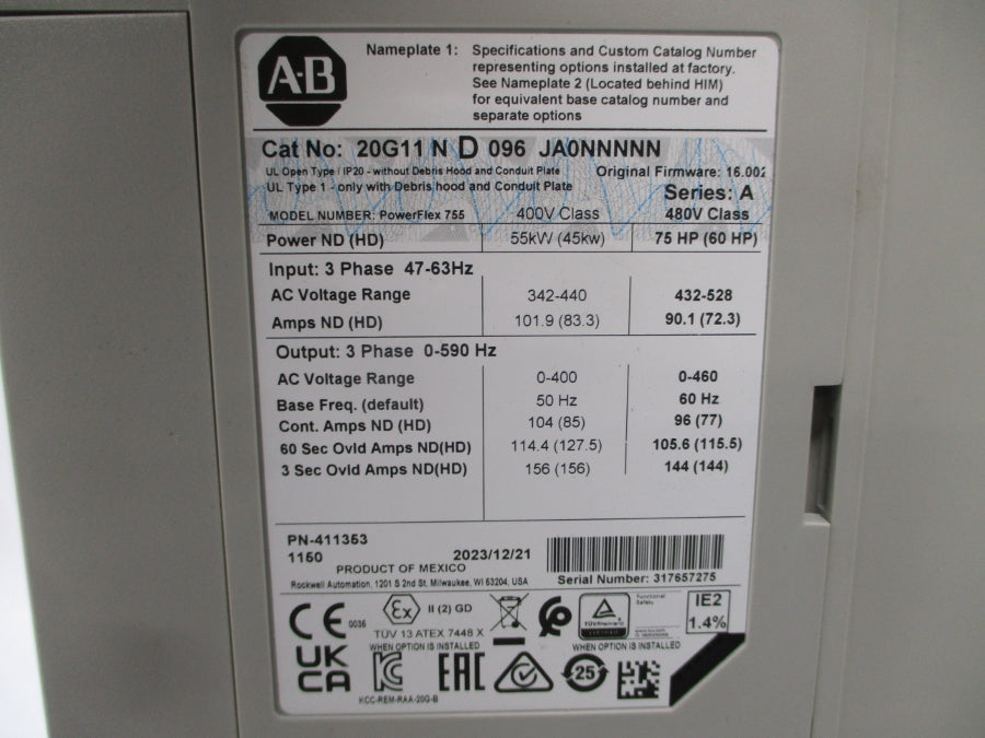 ALLEN BRADLEY 20G11ND096JA0NNNNN SER. A F/W 16.002 432-528VAC 90.1A UNMP