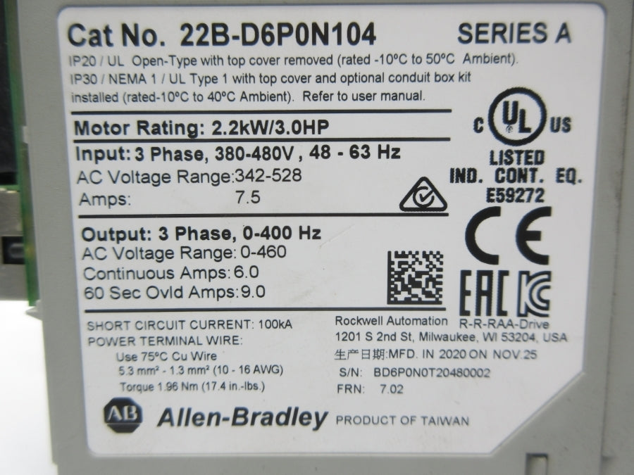 ALLEN BRADLEY 22B-D6P0N104 SER. A F/W 7.02 342-528VAC 7.5A (AS PICTURED) NSNP