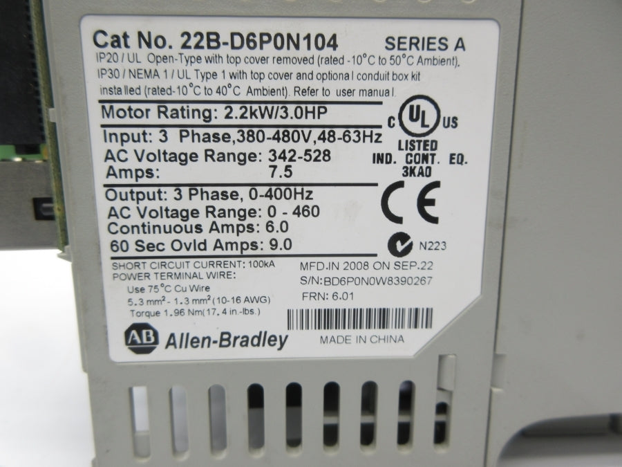 ALLEN BRADLEY 22B-D6P0N104 SER. A F/W 6.01 342-528VAC 7.5A (AS PICTURED1) NSNP