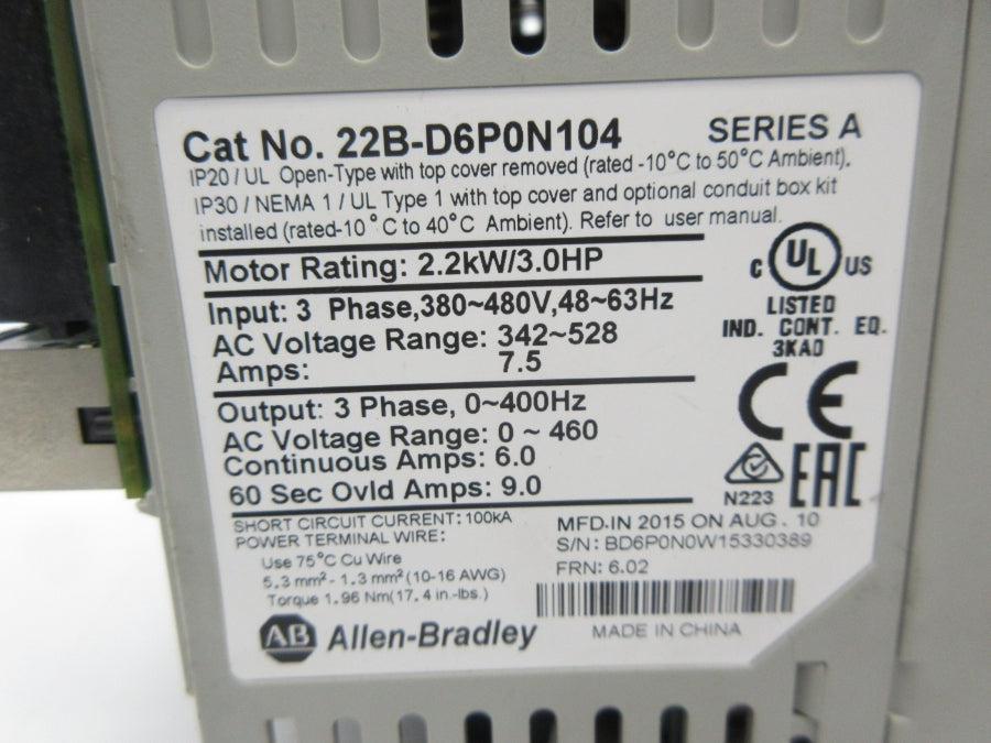 ALLEN BRADLEY 22B-D6P0N104 SER. A F/W 6.02 342-528VAC 7.5A NSNP