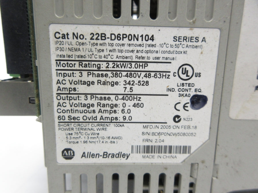 ALLEN BRADLEY 22B-D6P0N104 SER. A F/W 2.04 342-528VAC 7.5A (AS PICTURED) UNMP