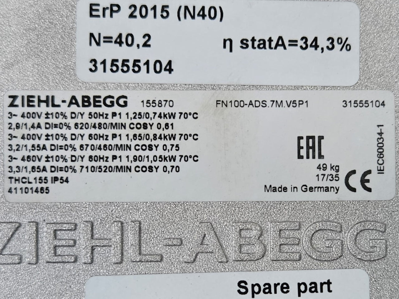 FN100-ADS.7M.V5P1 ZIEHL-ABEGG Axial Fan 3~400V 1.9/0.74kW 1.4/3.3 A