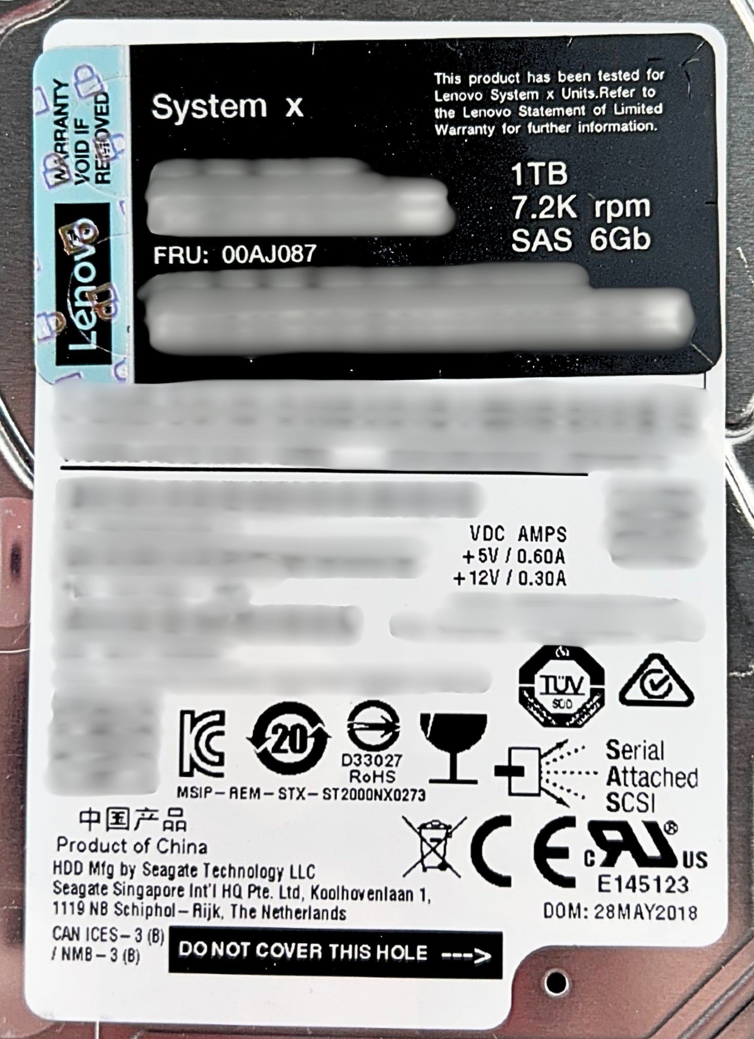 Lenovo 00AJ087 1TB 7.2K SAS 2.5 inch Hard Disk Drive G3HS