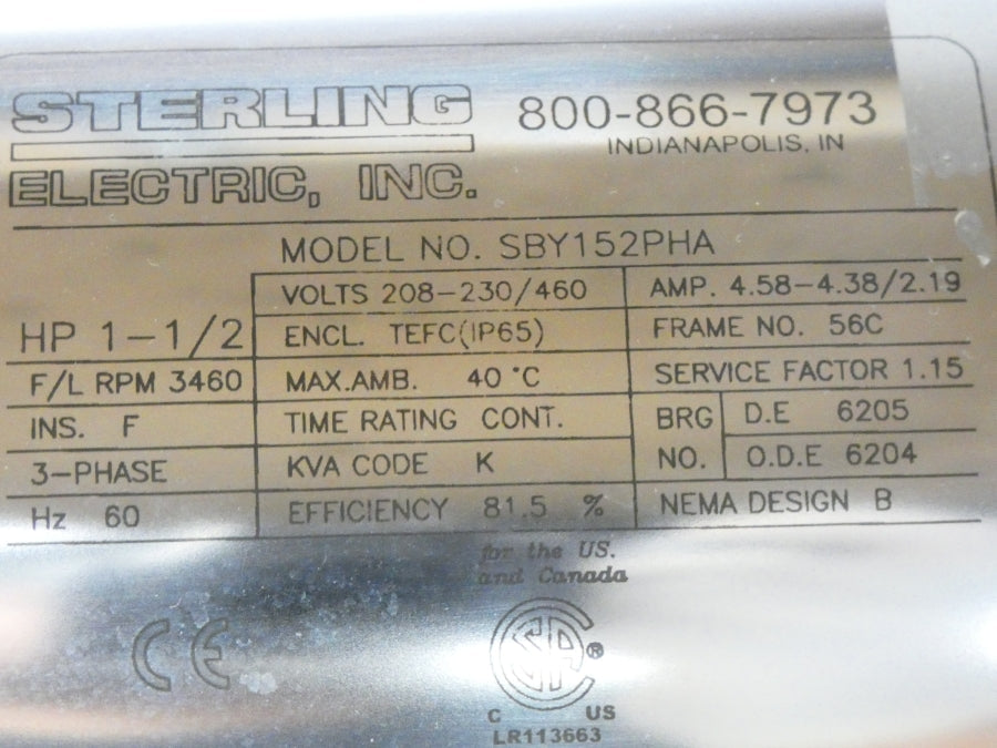 STERLING ELECTRIC SBY152PHA 208-230/460V 4.58-4.38/2.19A NSMP