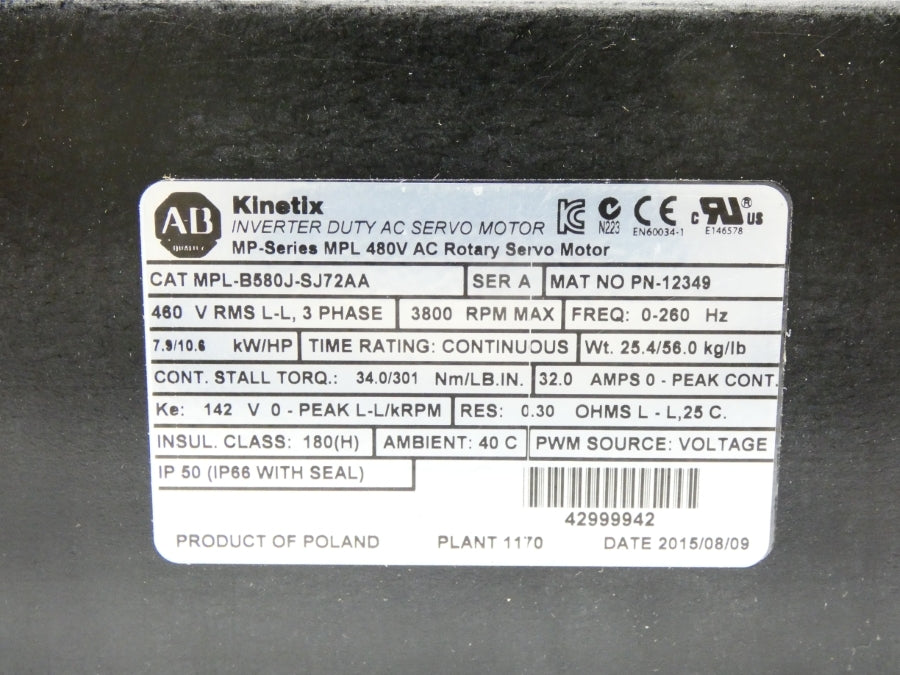 ALLEN BRADLEY MPL-B580J-SJ72AA SER. A 480V 32A NSMP