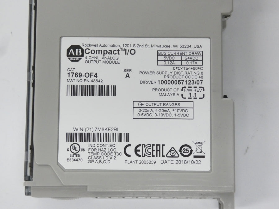 ALLEN BRADLEY 1769-OF4 SER. A F/W 1.1 VER. 07 24VDC 0.12A UNMP