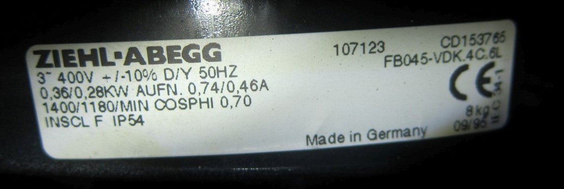 FB045-VDK.4C.6L ZIEHL-ABEGG Axial Fan 400V 0.38/0.26kW 0.74/0.46A 1400/1180rpm