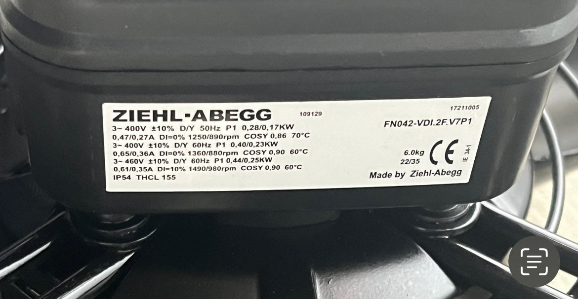 FN042-VDI.2F.V7P1 ZIEHL-ABEGG Axial Fan 0.28/0.19kW 3~400V 0.58/0.31A 1340/1080rpm industrial fan
