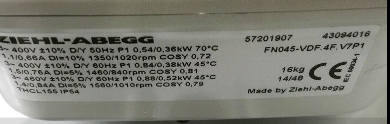 FN045-VDF.4F.V7P1 ZIEHL-ABEGG Axial Fan 400V 0.36/0.88kW 0.66/1.4A 1560/1020rpm