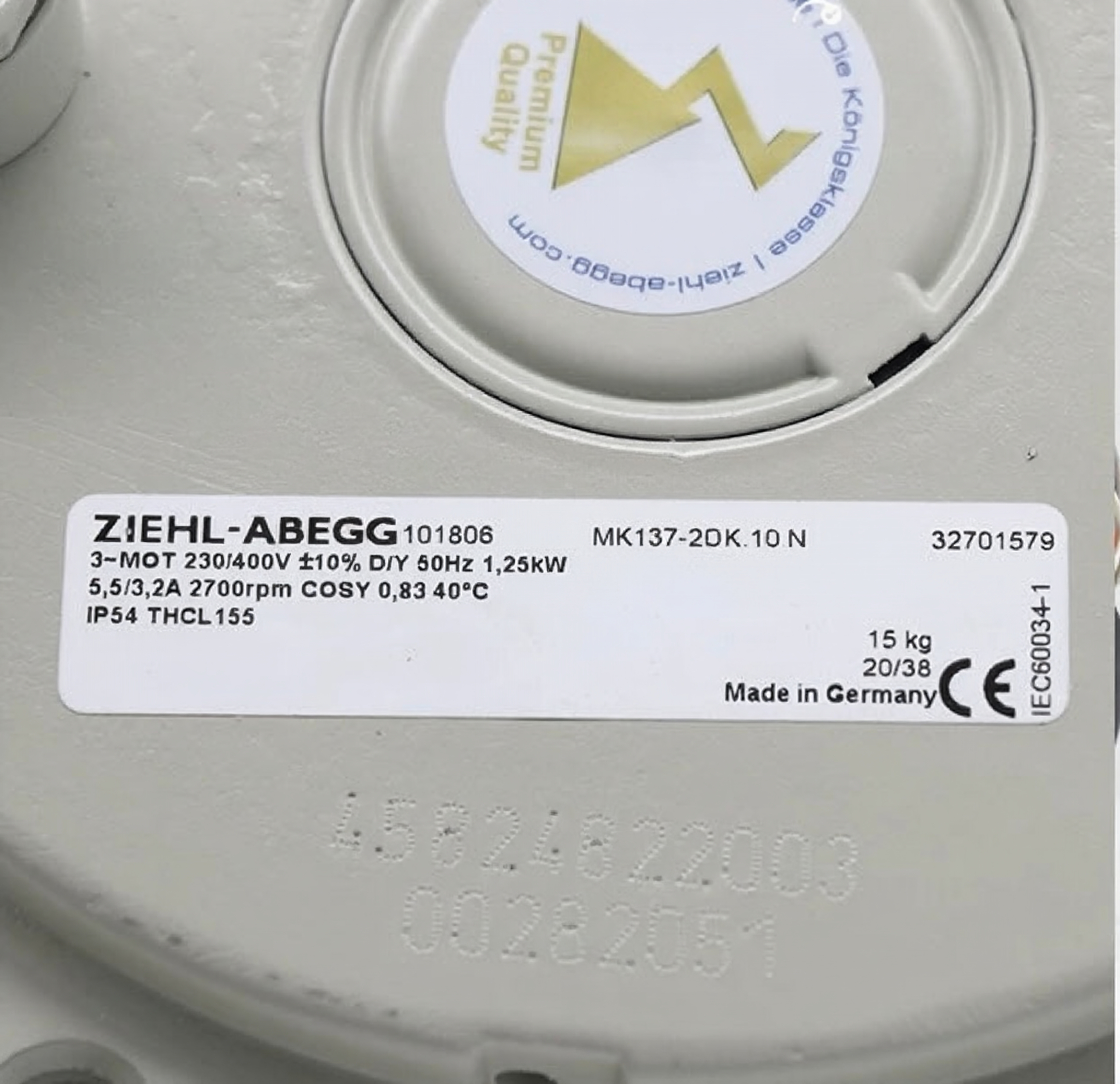 ZIEHL-ABEGG MK137-2DK.10.N Centrifugal Fan 1.25kW 3~230/400V 50/60Hz Industrial Fan | Article 101806
