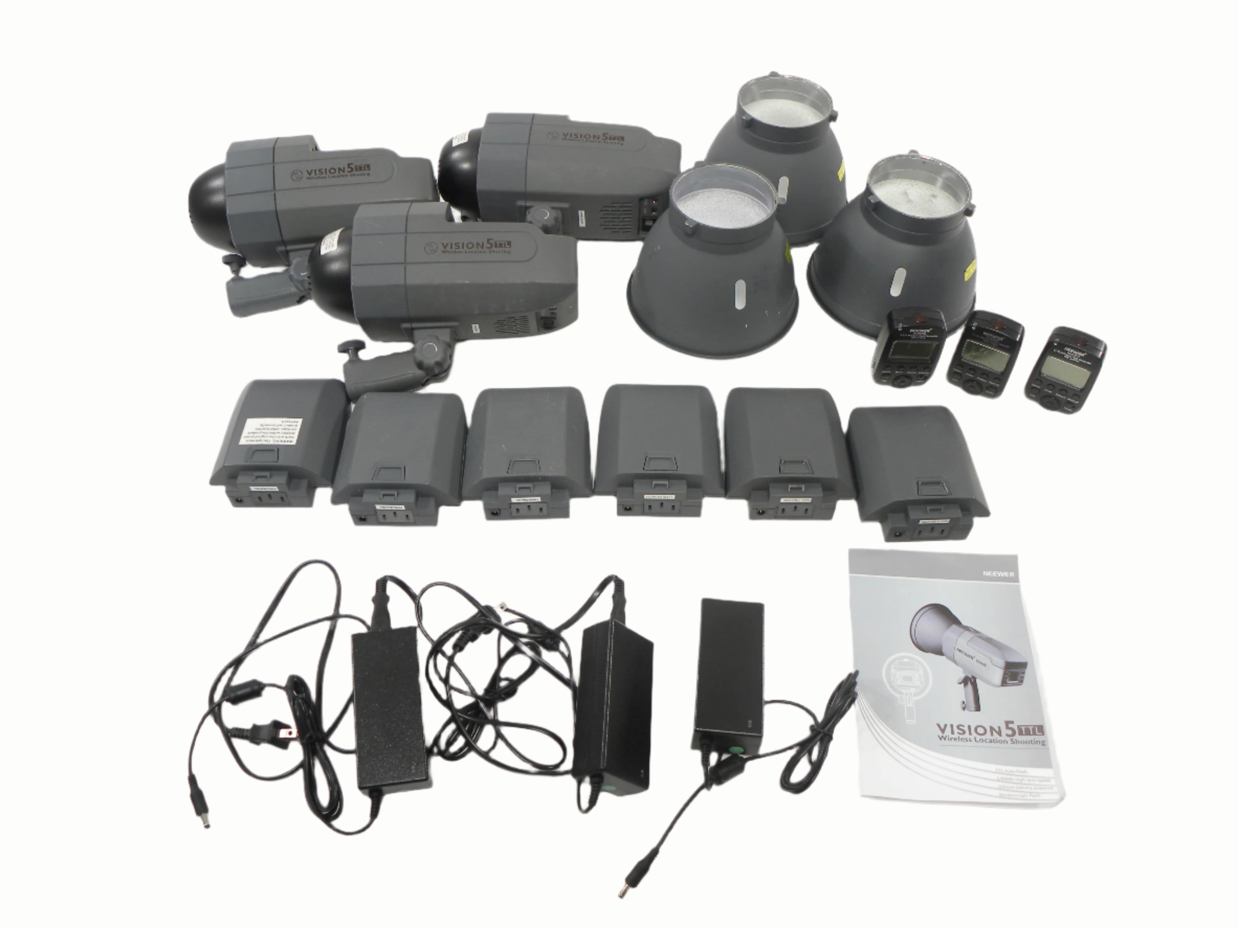 Neewer Vision 5 TTL Strobes x3 w/AC Adapters/ Strobe Reflectors/Transmitters