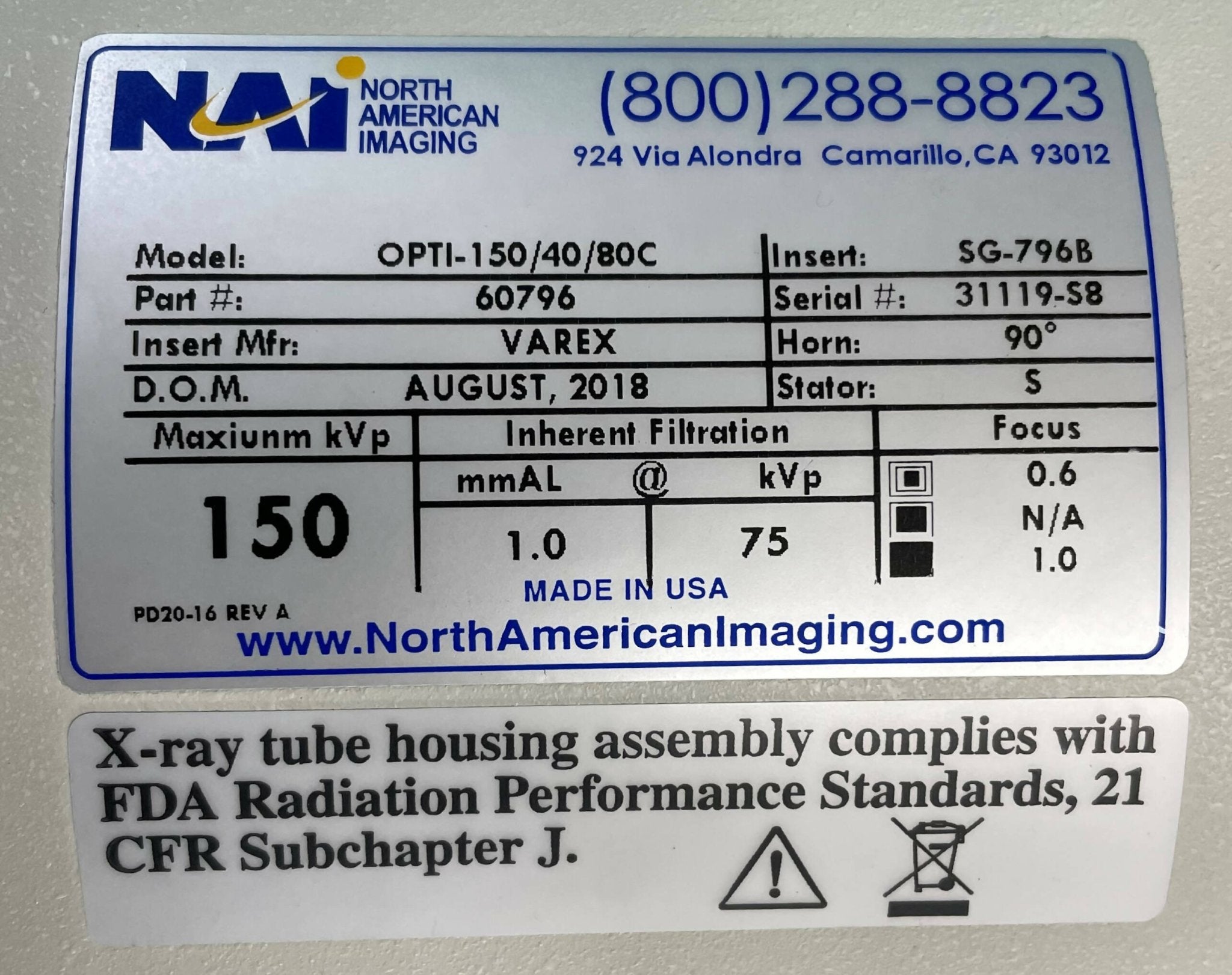 OPTI-150/40/80C VAREX X-RAY TUBE (SG-796B/60796 NAI/VAREX