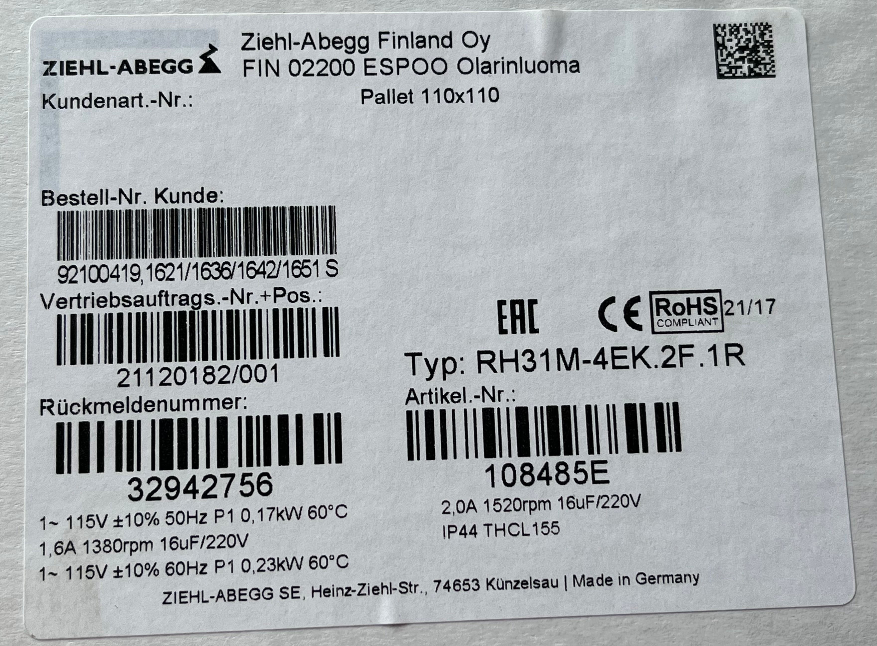 Brand new RH31M-4EK.2F.1R ZIEHL-ABEGG centrifugal fan 1-115V 0.17/0.23KW 1.6/2.0A 1380/1520RPM 50/60HZ