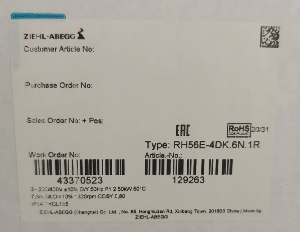 RH56E-4DK.6N.1R ZIEHL-ABEGG centrifugal fan 3-230/400V | 1320RPM | 2500W | 7.8/4.5A