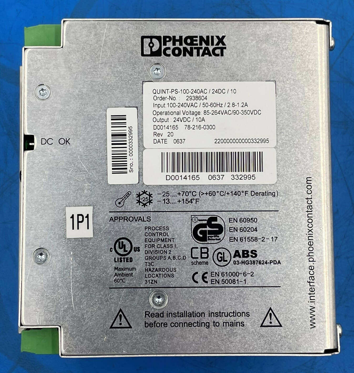 PHOENIX CONTACT POWER SUPPLY (QUINT-PS-100-240AC/24DC/10