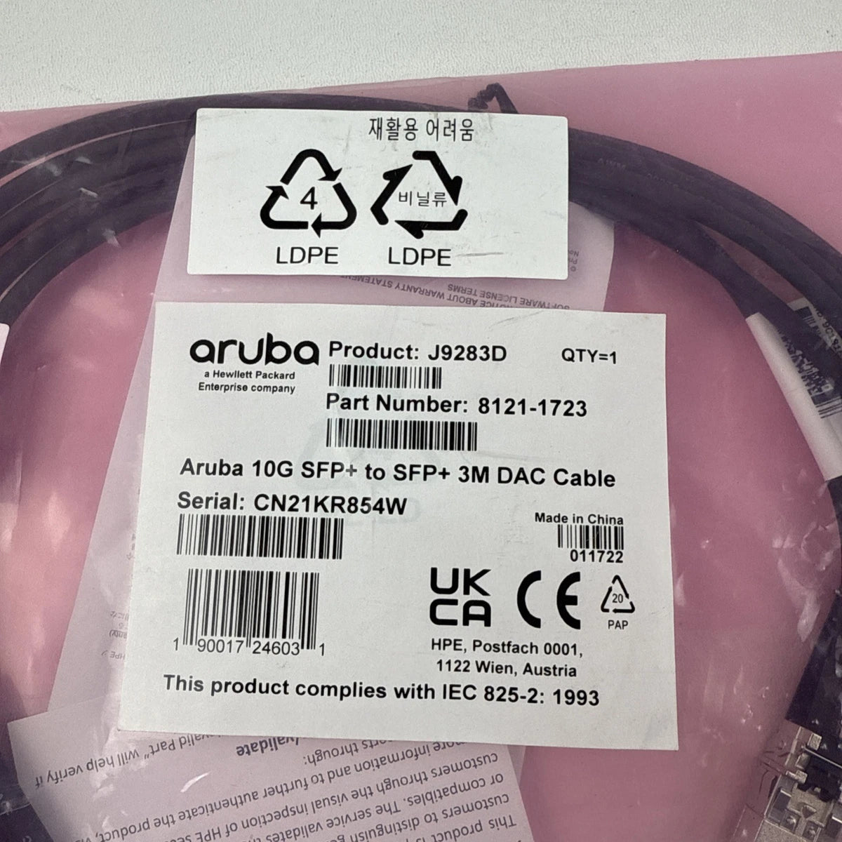 HPE Aruba J9283D 10G SFP+ to SFP+ 3m DAC Cable HP - NEW 9.8 Ft|286903862730