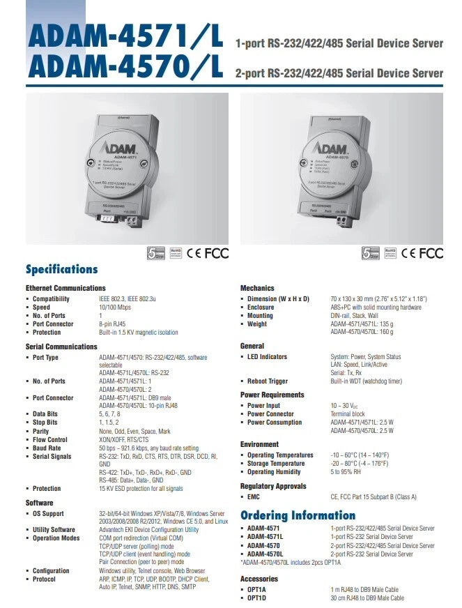 ADAM ADAM-4570 Ethernet Serial Port Server