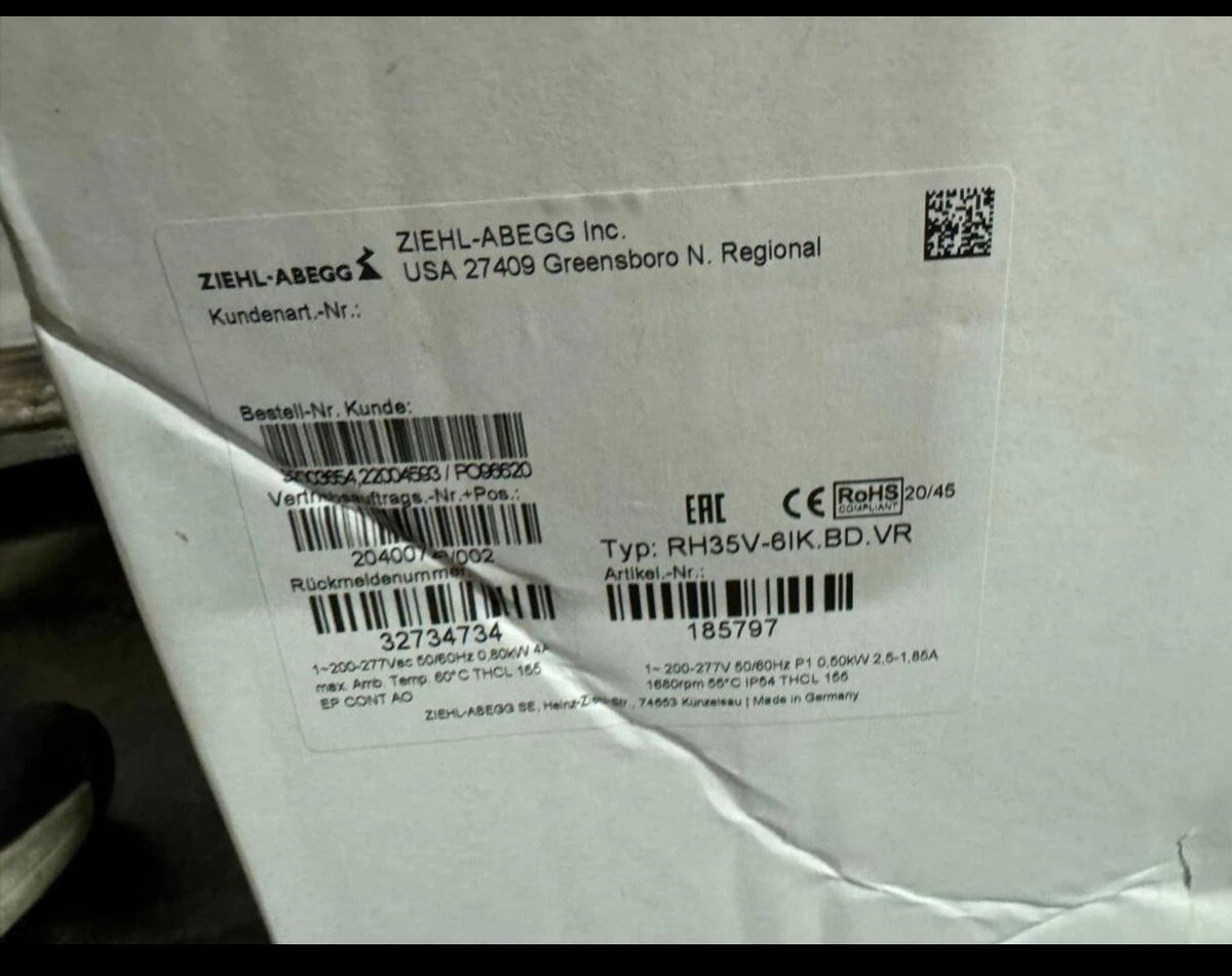 Ziehl-Abegg RH35V-6IK.BD.VR 200-277VAC 1680RPM Centrifugal Fan 2500 CFM