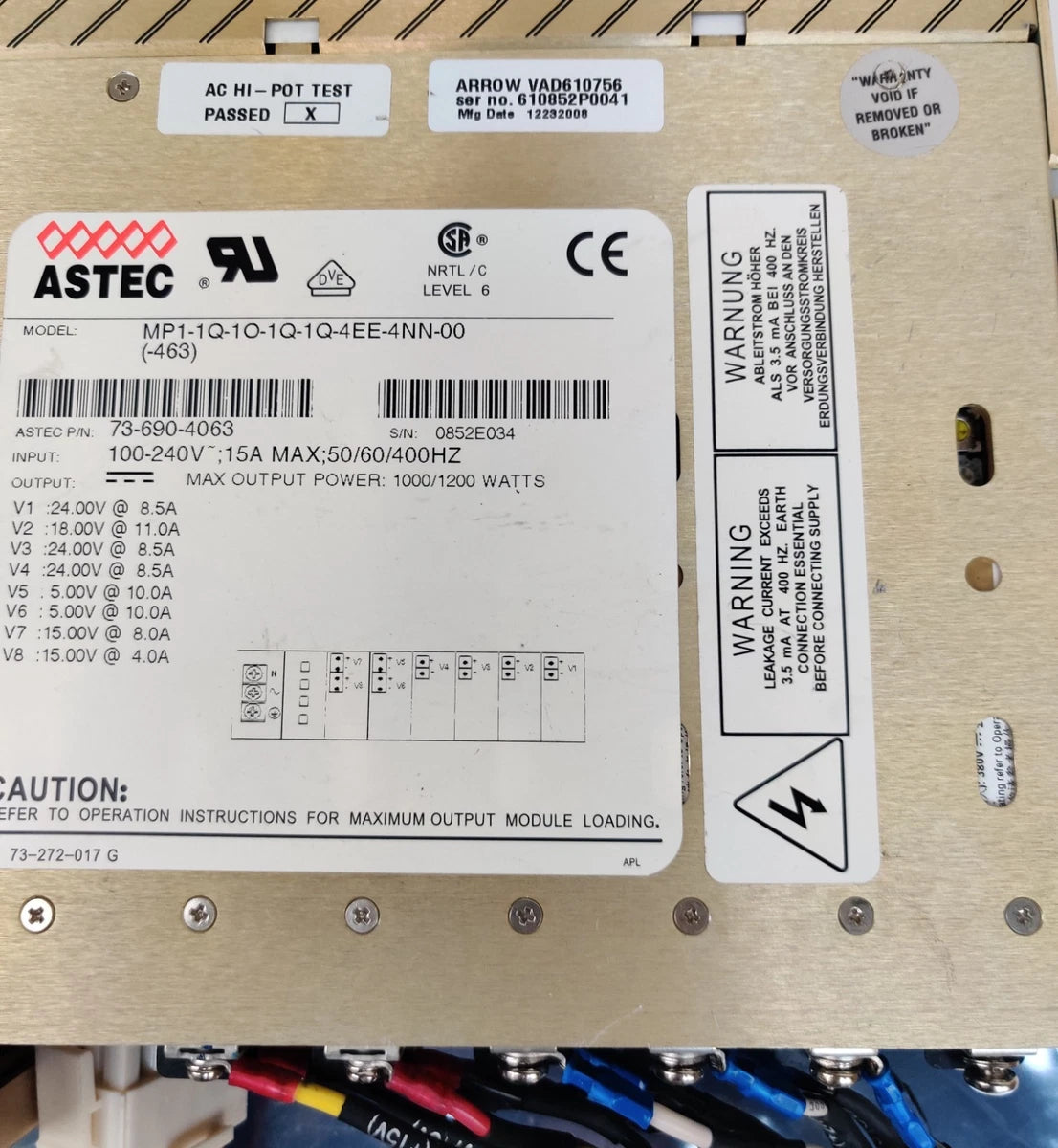 Astec MVP MP1 Power Supply 1000-1200W, 24V 18V 15V 5V 100/240V In Up to 400Hz