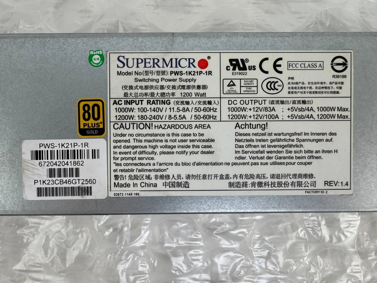 Supermicro PWS-1K21P-1R 1200W 1U 80 Plus Gold Switching Power Supply|187901079953